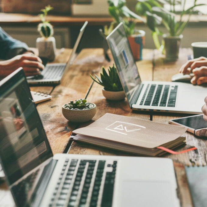 Business professionals strategizing email marketing campaigns in a modern digital agency setting, aiming for impactful customer engagement.