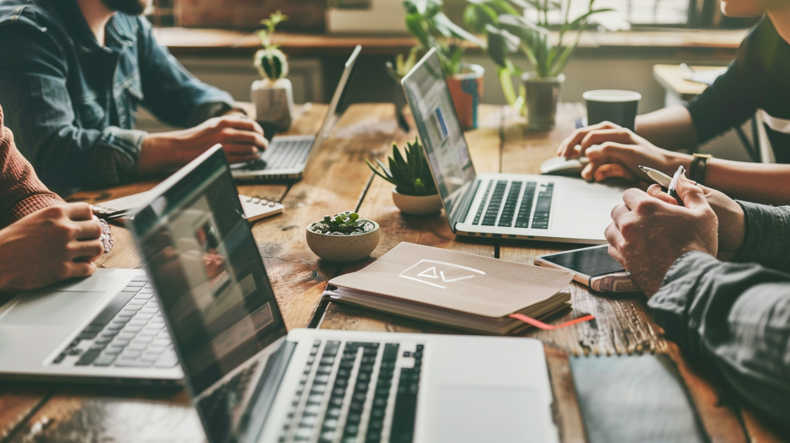 Business professionals strategizing email marketing campaigns in a modern digital agency setting, aiming for impactful customer engagement.