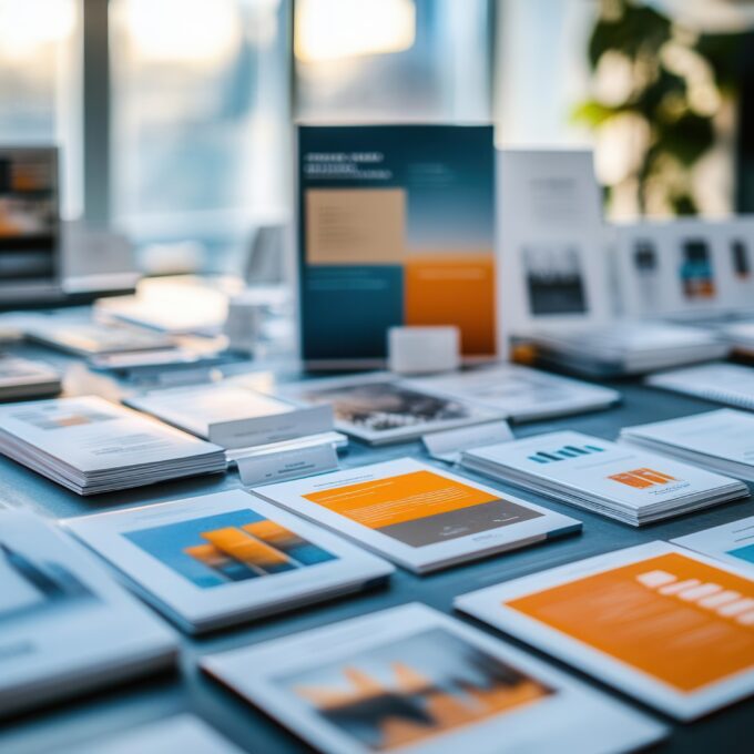 Printed product catalogs and marketing materials laid out on a conference table, Brand Identity, Building brand presence through tangible media