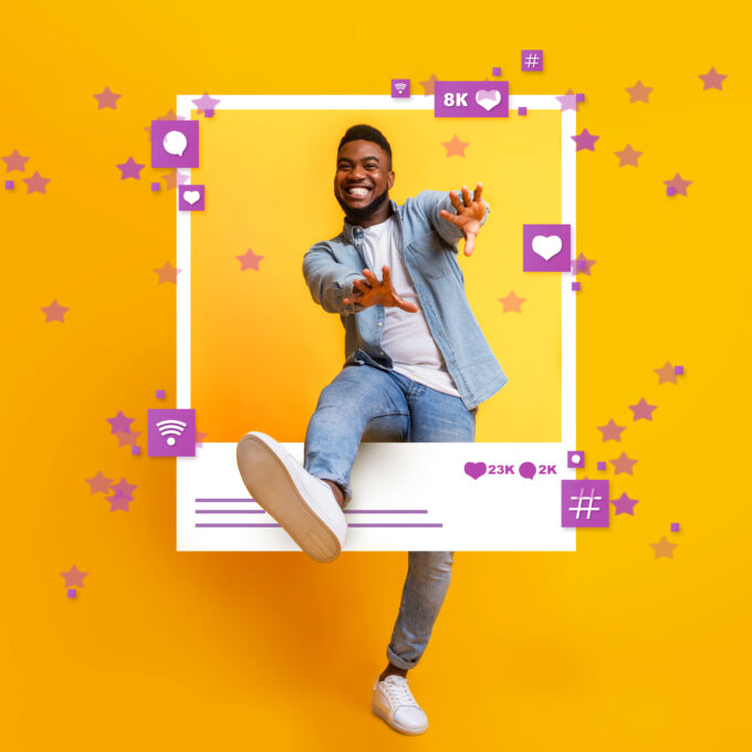 African American guy dancing and jumping out of photo frame on yellow background, collage with social media reactions